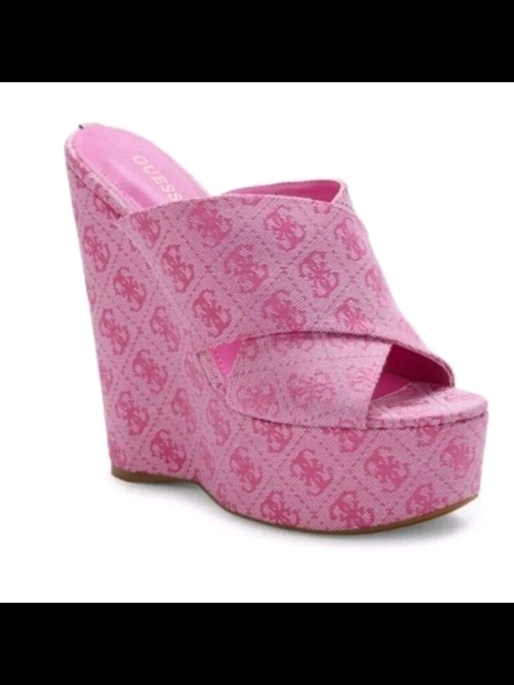GUESS Monogram Pink Logo Pattern Platform Wedge Mule. Y2K Size 7